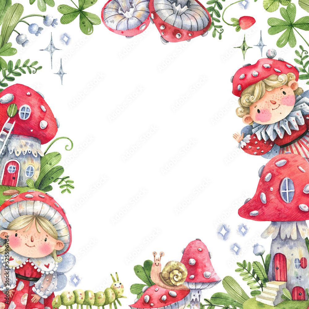 Cartoon watercolor frame with cute characters in fly agaric costumes, fly agaric houses, flowers and berries. Fairytale frame for postcards, invitations, albums. Cartoon watercolor frame with cute characters in fly agaric costumes, fly agaric houses, flowers and berries. Fairytale frame for postcards, invitations, albums.