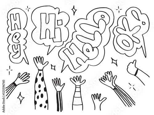 Applause hand draw on white background with hey, hello, ok, hi text.vector illustration.