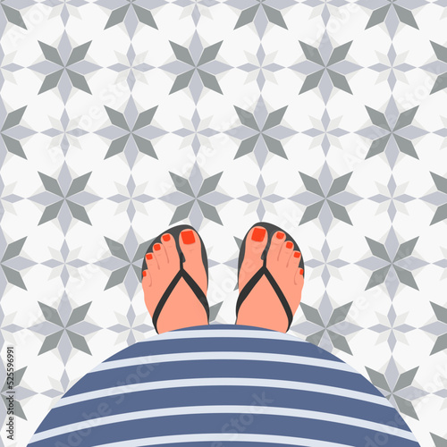 Illustration of a happy pregnant girl with a tummy. First-person view of the tummy and legs from above. Vector