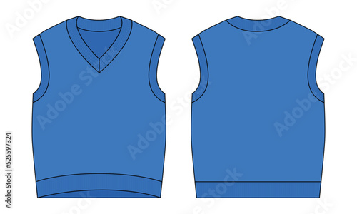 Blank Blue V-Neck Sweater Vest Template On White Background.Front and Back View, Vector File.