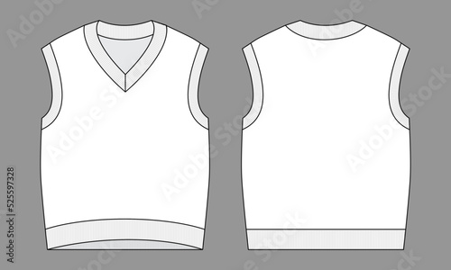 Blank White V-Neck Sweater Vest Template on Gray Background. Front and Back Views, Vector File.