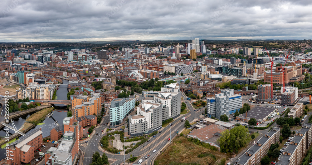Aerial view of Leeds cityscape and Robert’s Wharf skyline