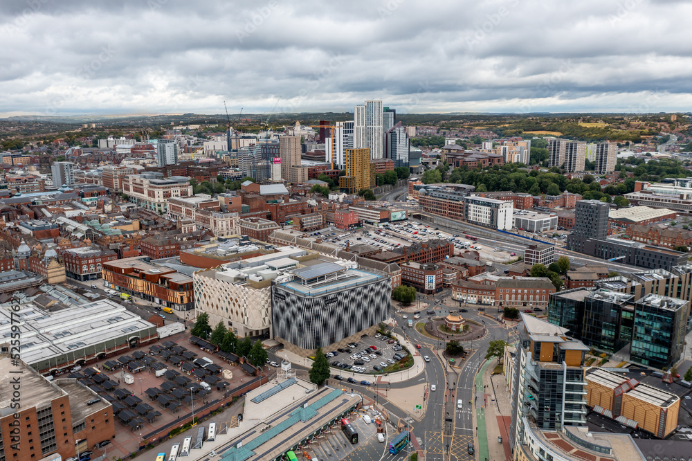 Aerial view of Leeds city centre bus station and retail district in a cityscape skyline