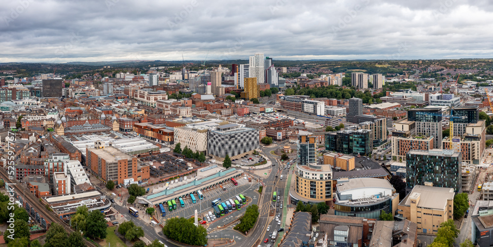 Aerial view of Leeds city centre bus station in a cityscape skyline