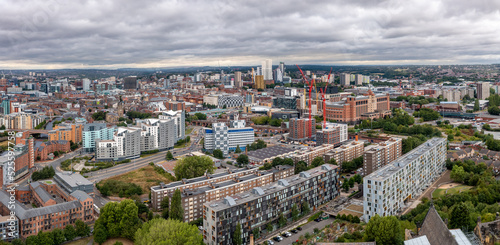 Aerial view of luxury Leeds apartment blocks cityscape skyline