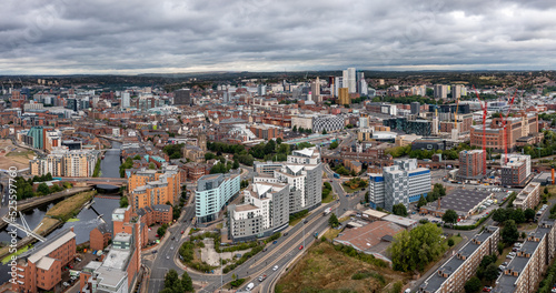 Aerial view of Leeds cityscape and Robert   s Wharf skyline