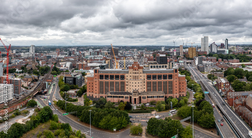 Aerial view of Leeds in a cityscape skyline