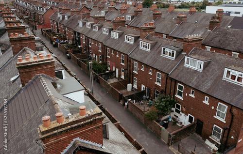 Aerial view of run down terraced homes in the North of England photo