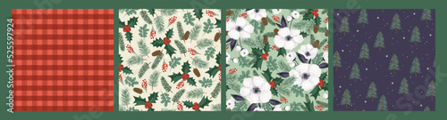 Christmas and Happy New Year seamless patterns. Christmas tree, flowers, berries, plaid. New Year backgrounds. Vector design.