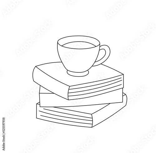 Vector isolated stack of three books with cup colorless black and white contour line easy drawing