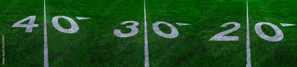 Football Field Green Yard Markers to Goal Line Touchdown Endzone Game Competition Football Field Green Yard Markers to Goal Line Touchdown Endzone Game Competition