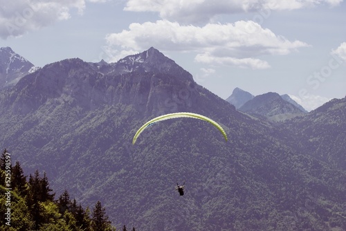 Scenic shot of paragliding over mountains covered in trees