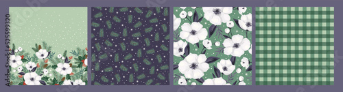 Christmas and Happy New Year seamless patterns. Christmas tree, flowers, berries, plaid. New Year backgrounds. Vector design.