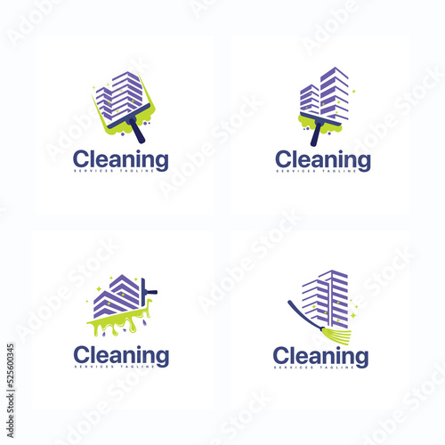 Cleaning service company vector logo design set with building and cleaning tools 