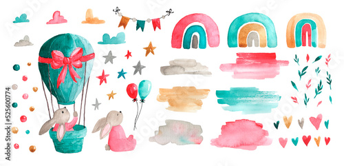 Watercolor collection on children's themes. A set with rabbits. Balloons. A rabbit in a balloon with a pink bow. Beautiful watercolor spots and rainbows.