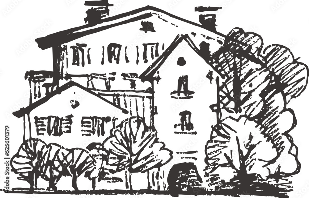 Pen drawing of a fragment of a street or a small town. Pen drawing of a fragment of a street or a small town.