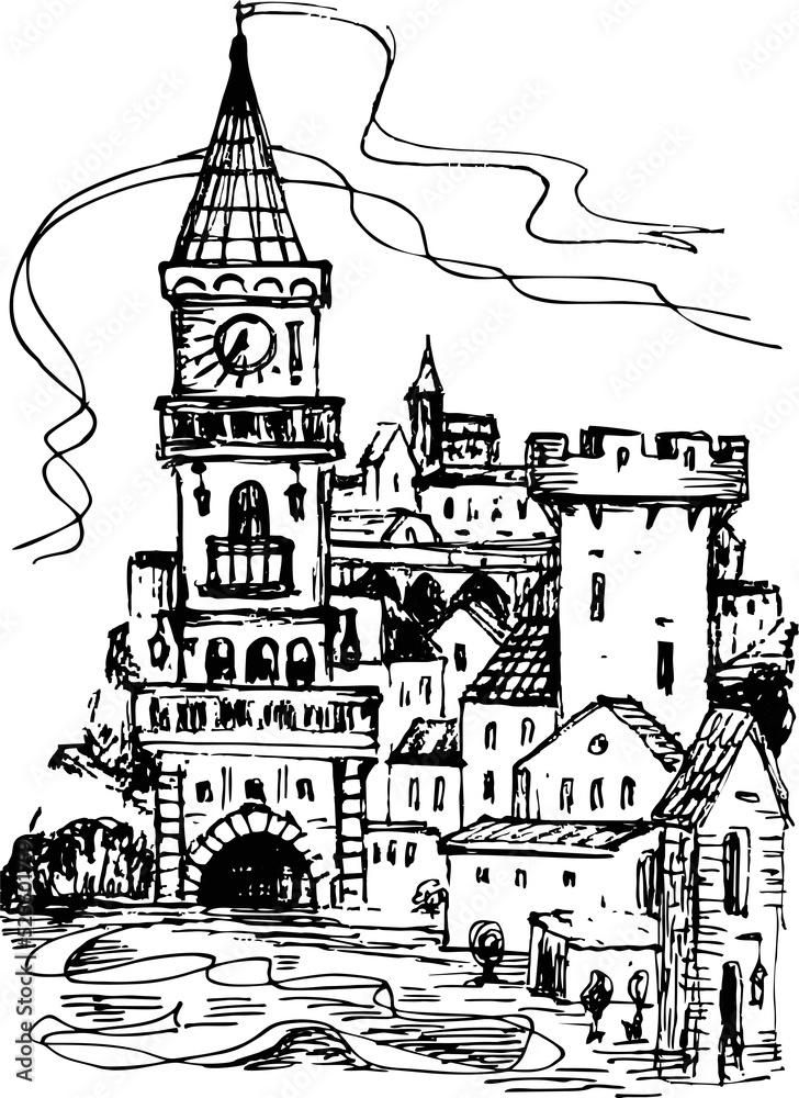 Pen drawing of a fragment of a street or a small town.