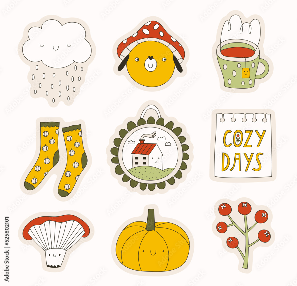 Cartoon autumn stickers. Vector set of hand drawn characters and seasonal attributes. Rain cloud, dog, cup of tea, pair of socks, picture in frame, mushroom, branch with berries.
