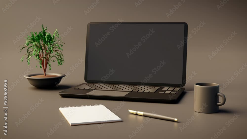 Copywriting tools to write persuasive seo texts for websites and journalism. 3d rendering of a zoom in of a desktop with laptop, notebook with pen and a cup of coffee. Copywriting tools to write persuasive seo texts for websites and journalism. 3d rendering of a zoom in of a desktop with laptop, notebook with pen and a cup of coffee.