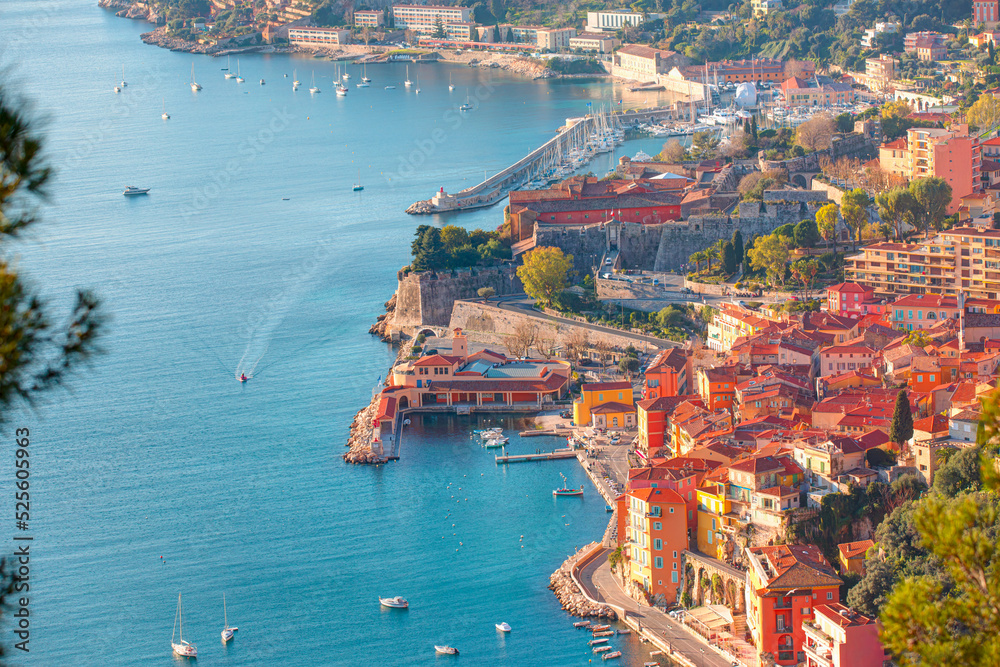Aerial view of the Marina Saint Jean Cap Ferrat - A harbor on the Mediterranean Sea between Nice and Monaco - France