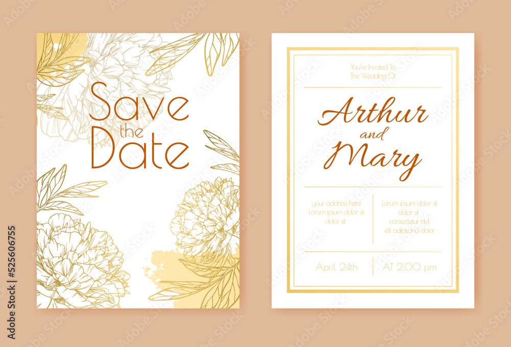 Wedding invitation layout with large outline peonies, leaves, abstract golden blots. Hand drawn vintage ink flowers. Trendy festive design. Decorative composition. Romantic holiday card. Two sides.