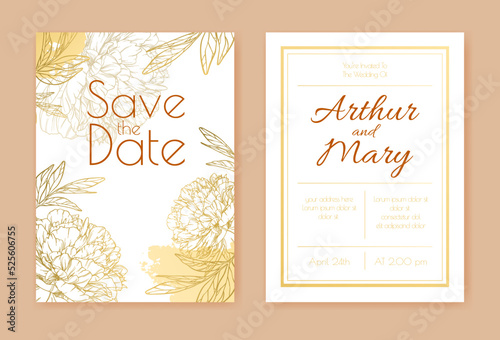 Wedding invitation layout with large outline peonies  leaves  abstract golden blots. Hand drawn vintage ink flowers. Trendy festive design. Decorative composition. Romantic holiday card. Two sides.