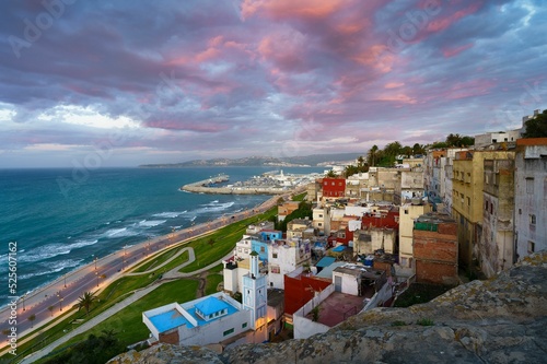 Aerial view of cityscape Tangier surrounded by buildings and water