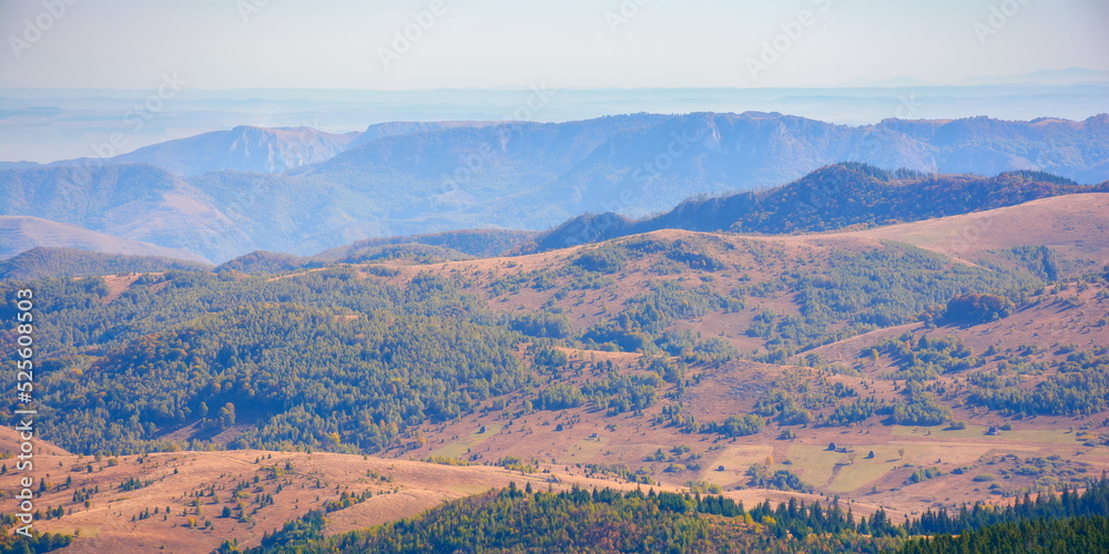 romania countryside in fall season. forested hills rolling in to the distant ridge. rural valley in the distance. bright sunny day with high clouds on the sky
