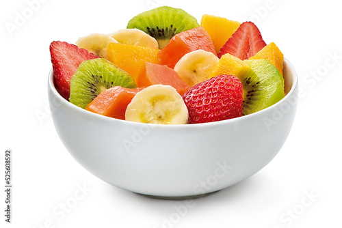 Tigela branca com salada de frutas em fundo branco - morango, kiwi, banana, mamão, manga e melancia photo