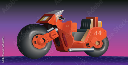 3d vector illustration of a futuristic red cyberpunk motorbike against the neon perspective grid