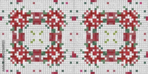 Seamless Christmas poinsettia cross stitch border. Decorative ornament in seasonal red for embroidered December holiday banner. Winter botanical vintage scandi edging.