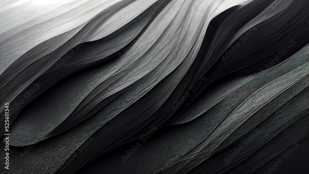 Black textures wallpaper. Abstract 4k background silk, smooth, waves  pattern. Modern clean minimal backdrop design. Black and white high  definition. Stock Illustration
