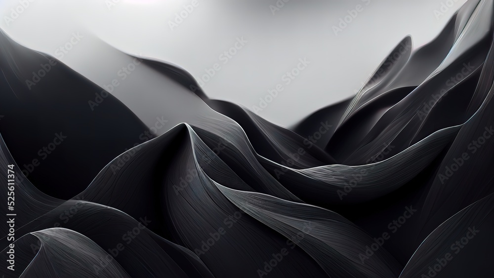 Black textures wallpaper. Abstract 4k background silk, smooth, waves  pattern. Modern clean minimal backdrop design. Black and white high definition.  - obrazy, fototapety, plakaty 