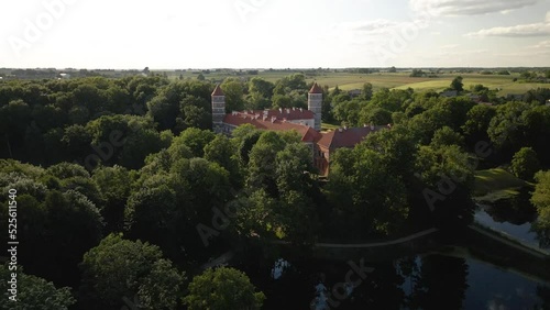 Aerial view of the Panemunes castle in Lithuania on a sunny day photo