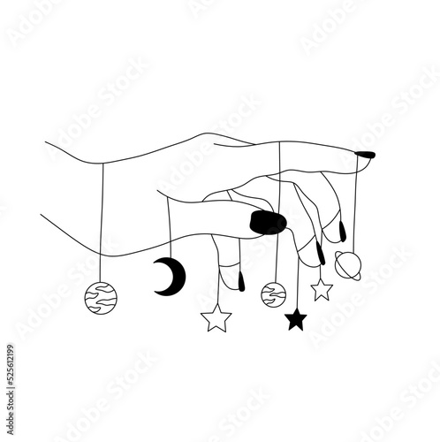 Vector isolated woman hand with heavenly bodies on strings colorless black and white contour line easy drawing