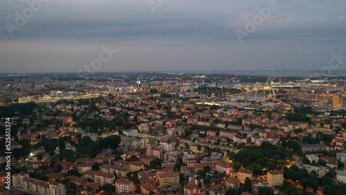 evening urban city aerial panorama drone