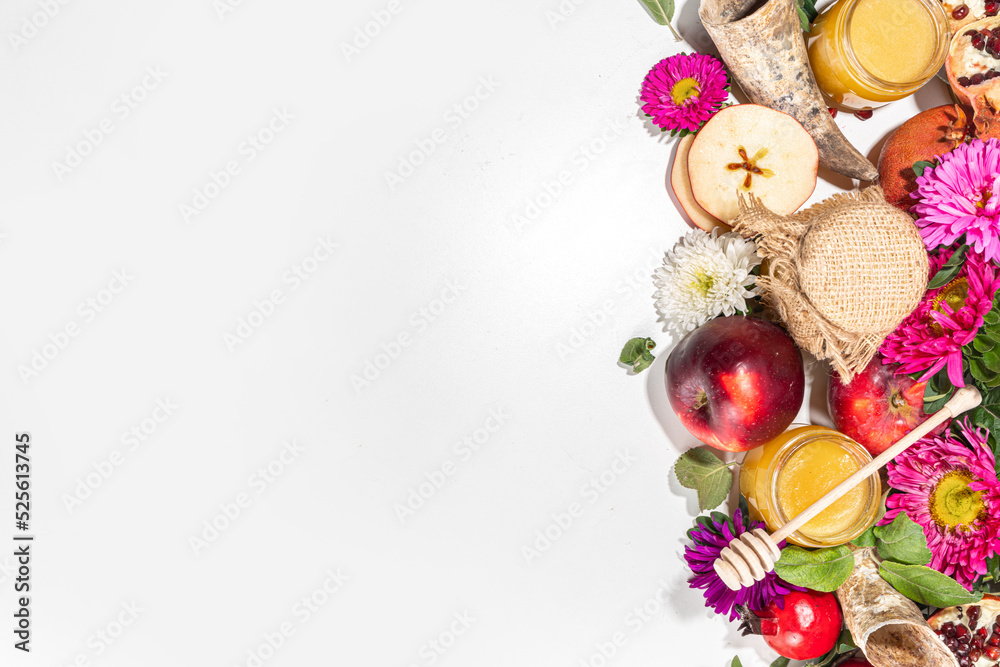 Happy Rosh Hashanah background. jewish New Year Rosh Hashana holiday postcard greeting background, with traditional religion symbols - apple, honey, pomegranate, shofar, flatlay copy space Happy Rosh Hashanah background. jewish New Year Rosh Hashana holiday postcard greeting background, with traditional religion symbols - apple, honey, pomegranate, shofar, flatlay copy space