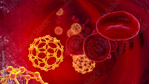 Fullerene nanoparticles in blood, conceptual 3D illustration photo