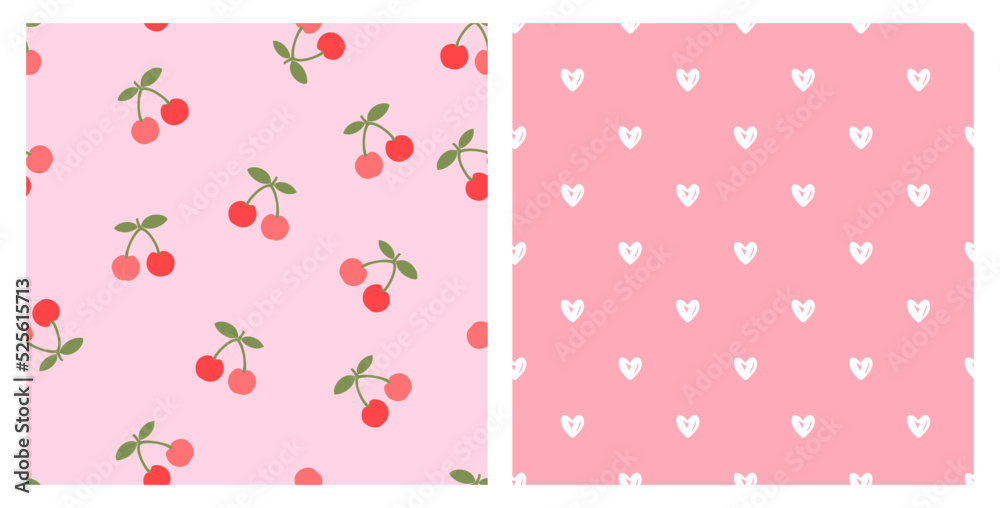 Seamless pattern with cherry fruit, green leaves and hand drawn hearts on pink backgrounds vector.