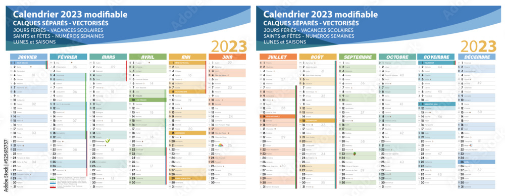 Calendrier 2023, calendrier vectoriel, 12 mois, calques séparés, typos vectorisés, vacances scolaires, semaines, jours fériés, fêtes, saints, lunes, saisons