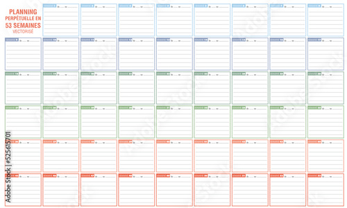 Planning perpétuel 53 semaines, vectorisé, agenda perpétuel, semaines, planification