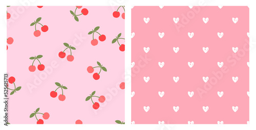 Seamless pattern with cherry fruit, green leaves and hand drawn hearts on pink backgrounds vector.
