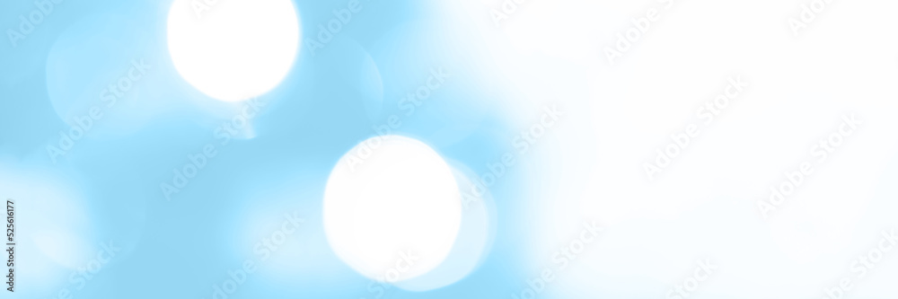 Blurred lights blue background, banner texture. Abstract bokeh with soft light header. Wide screen wallpaper. Panoramic web banner with copy space for design