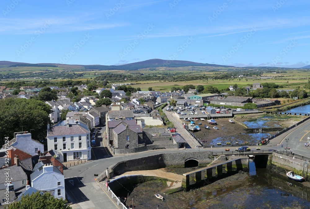 A view from Rushen Castle across Castletown towards the countryside and hills of the southern part of the Isle of Man.
