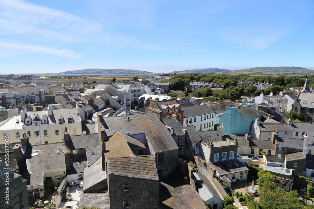 A view from Rushen Castle across Castletown towards the countryside and hills of the southern part of the Isle of Man.