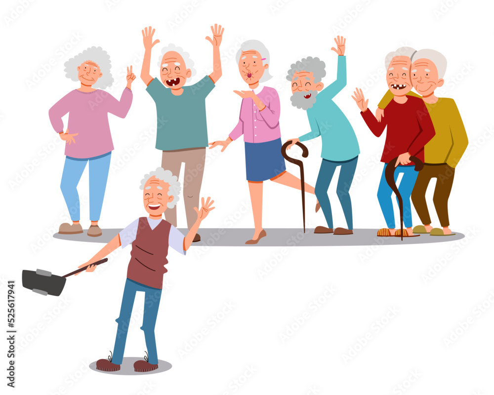 Fototapeta premium A group of cheerful elderly friends takes a picture on a selfie stick. Flat vector illustration in cartoon style.