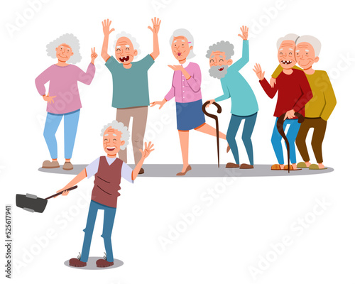 A group of cheerful elderly friends takes a picture on a selfie stick. Flat vector illustration in cartoon style.