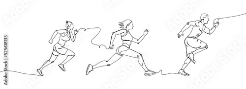 Fotografia Man and woman running, sprinter set one line art