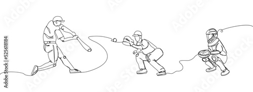 Baseball players set one line art. Continuous line drawing sport, team game, catch ball, pitcher, baseball glove, protective uniform, batter, pitcher, catcher, baseball uniform, man, leisure, hobby.