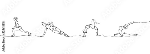 Gymnast, yoga, fitness people, training set one line art. Continuous line drawing sports, pilates, athletics, lunges, strength, athletic, woman, gym, stretching, half twine, side plank, workout.